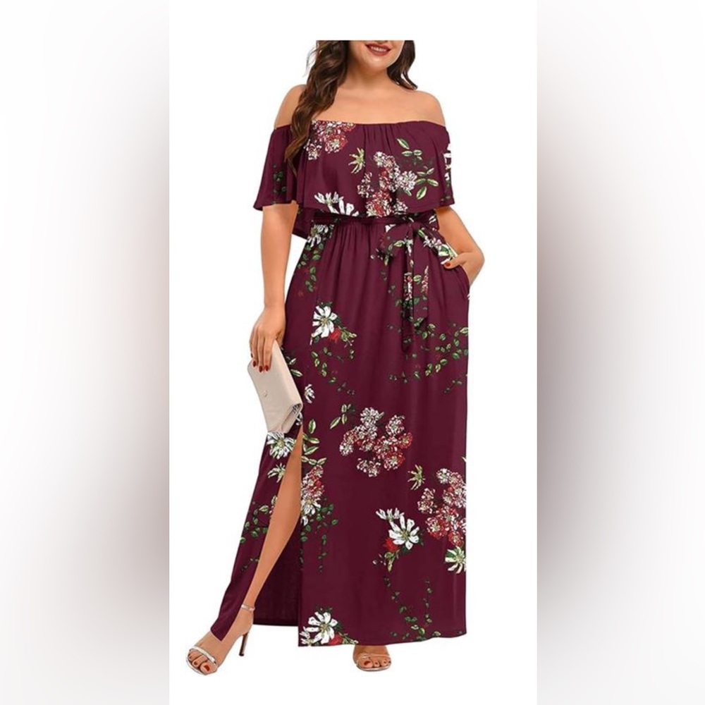 Burgundy and White Off the Shoulder Maxi Dress with Slit